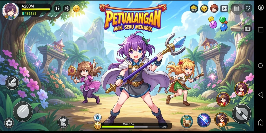 Gameplay A200M yang menampilkan karakter anime dalam pertempuran seru.