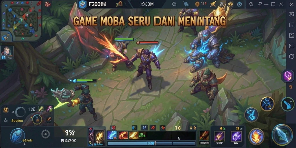 Screenshot gameplay F200M menampilkan pertempuran MOBA yang seru.