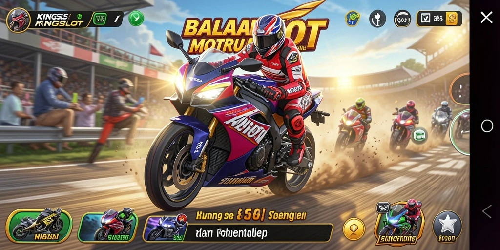 Tampilan balapan seru di KINGSLOT dengan berbagai motor dan trek menantang.