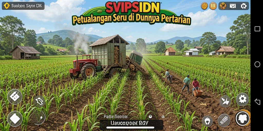 Screenshot gameplay SVIPSIDN menunjukkan suasana pertanian yang rimbun dan aktivitas bertani.